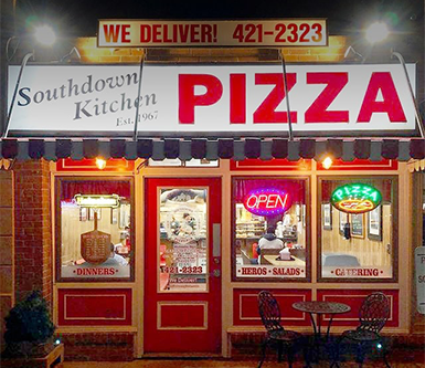 Outside of Southdown pizzeria at night